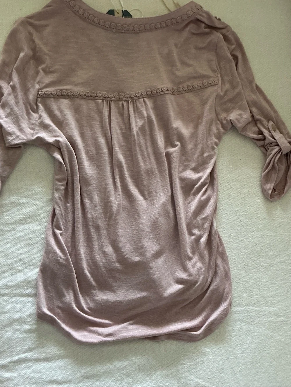Democracy Embroidered Blouse Lace Trim Roll Tab Sleeve Top Size XS NWT - Picture 3 of 4